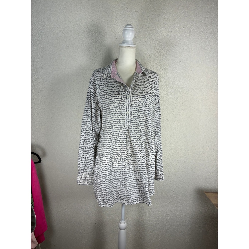 Victorias Secret White Black Script Logo Cotton Silk Trim Sleep Shirt Large